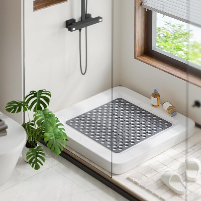 HITSLAM Shower Mat Anti Slip, 21x21 Inch No Odor Soft TPE Bathroom Shower Stall Floor Mat, Square Bath Mat for Tub Non Slip with Suction Cups and Drain Holes, Machine Washable, Soft on Feet, Grey