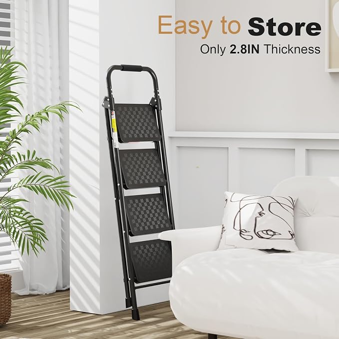 HBTower Step Ladder, 4 Step Ladder for Adults with Wide Anti-Slip Pedal, Step Stool Foldable with Cushioned Handle, 330 Capacity for Home and Kitchen, Black