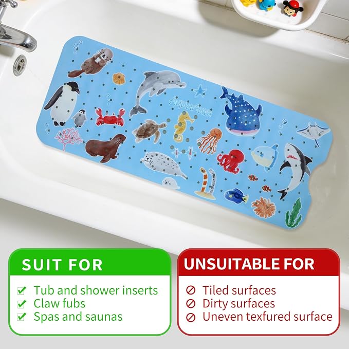 Bath Tub Shower Mat Non Slip Kids Bathtub Mat Anti Slip Baby Bath Mat for Tub 40 x 16 Inch Extra Long Toddler Bath Mat with Suction Cups and Drain Holes for Bathroom Floor,Penguin Seal