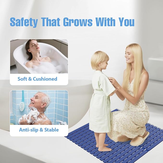 Shower Mat Non-Slip Bath Mat for Tub and Shower Stall,236 Suction Cups with Drain Holes, Quick Dry Machine Washable, Extra Grip for Stand Up Showers, Bathroom Essentials 24x24 Inch (Blue)