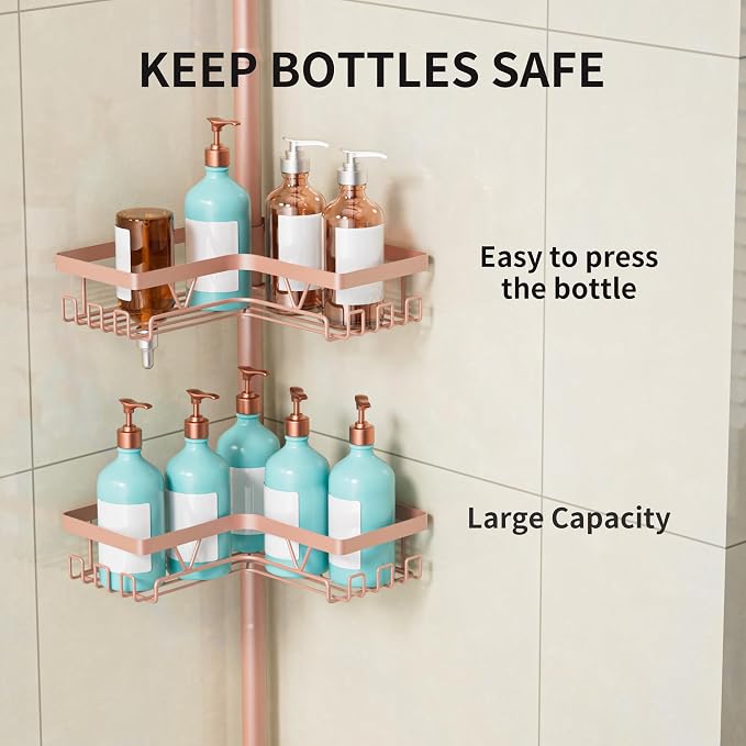 KEGII Corner Shower Caddy Tension Pole - 4-Tier Rustproof Bathroom Organizer, Floor to Ceiling Shower Caddy 25-114.2 inch, No Drilling Shower Storage Rack for Shampoo, Towels (Blush Nude)