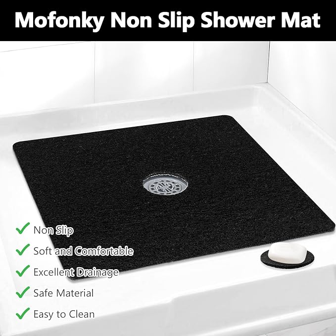 Shower Mat Non Slip: 24 x 24 Inch Square Shower Mats with Drain Hole in Middle - Soft Loofah Quick Drying Matt for Shower Stall