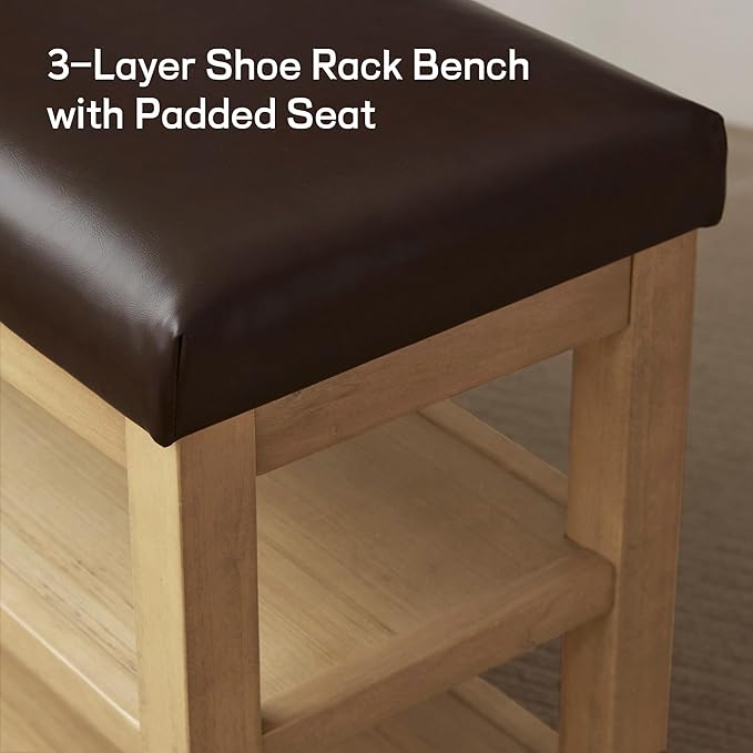 Zihanhome Shoe Rack Bench with Leather Cushion, 2 Tier Solid Wood Storage Bench, Mid-Century Modern Shoe Bench for Entryway, Hallway, Closet, Front Door Entrance, Foyer (Dark Brown, 39.4")