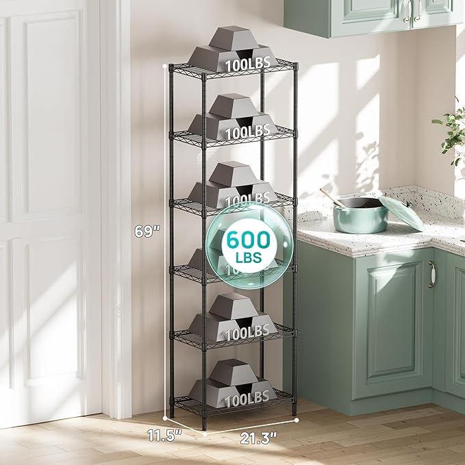 SINGAYE 6 Tier Adjustable Storage Shelf Wire Shelving Unit Metal Shelves Standing Closet Bathroom Organizers Pantry Kitchen Garage Laundry Room Organization Home Rack 12" D X 22" W X 69.5" H Black