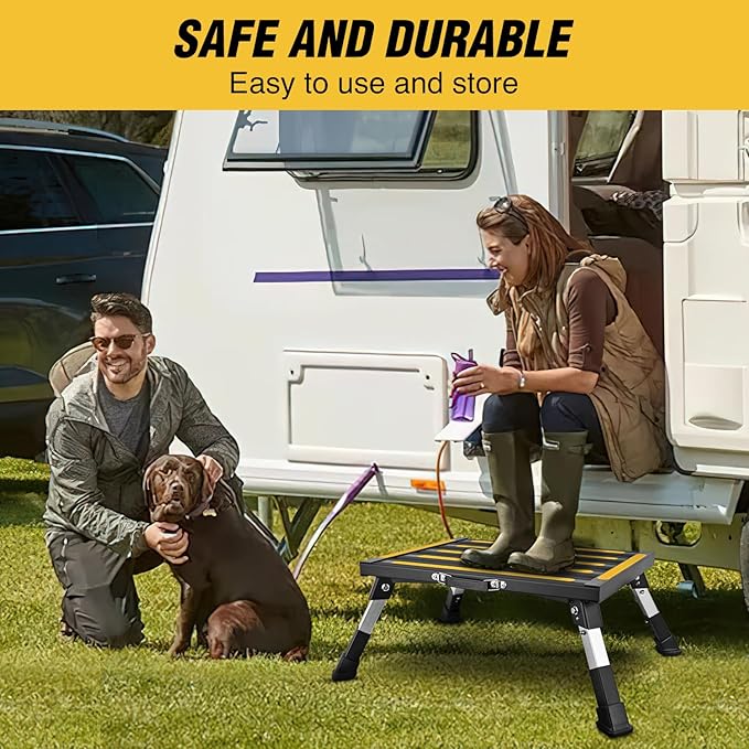 Nilight RV Step Stool Aluminum Folding Platform Steps 19x14.5 RV Steps 4 Levels Adjustable Heavy Duty Step Stool with Anti-Slip Surface Rubber Feet Portable Handle 500lbs for Camper Trailer, Black