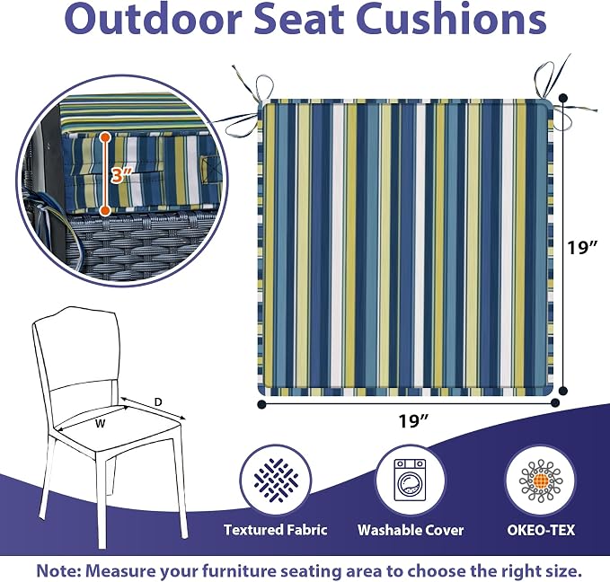 IPYNBAP Outdoor Chair Cushions Set of 4 -Waterproof Outdoor Seat Cushions for Patio Furniture, Patio Chair Cushion with Handle and Ties, Out Door Chair Pads,19x19x3-Square, Blue Stripe