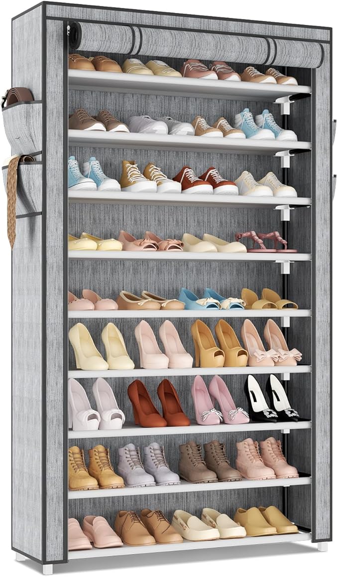 LANTEFUL Shoe Rack with Covers 10 Tier Tall Shoe Rack Organizer Large Capacity Shoe Shelf Storage 40 Pairs Space Saving Free Standing Shoe Storage Organizer for Closet, Entryway, Dorm, Printing