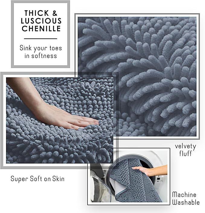 Hearth & Harbor Bathroom Rugs, Chenille Bath Mat - Machine Washable Bath Mats for Bathroom Non-Slip Backing Rubber, Quick Dry Bathroom Mat, 17 x 24 + 20 x 32 - Stone Blue