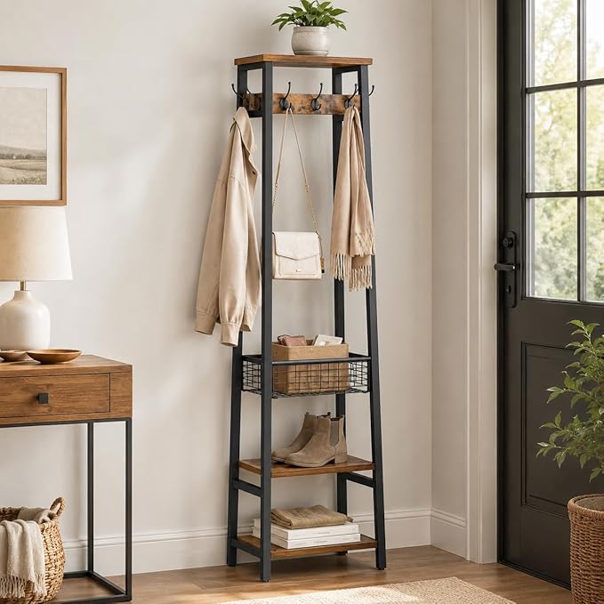 Coat Rack Freestanding, Coat Stand with Metal Basket and Storage Shelves, Hall Tree Free Standing with and 7 Hooks, Clothes Rack Stand Organizer, Rustic Brown and Black