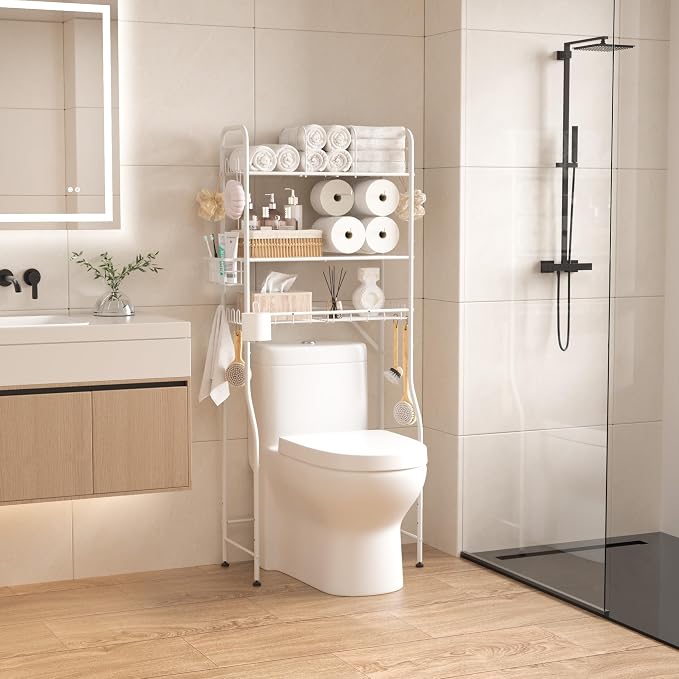 TETOTE Over The Toilet Storage Rack, 3-Tier Bathroom Organizer Shelf Over Toilet with Toilet Paper Roll Holder, Freestanding Metal Rack, White
