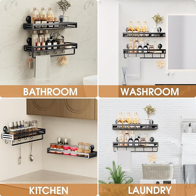 Suction Cup Shower Caddy, 15.7 inch Extended Version, 5 Hooks & Towel Rrack, No Drilling Required, Rust-resistant Bathroom Shower Organizer,with 2 Extra Suction Cups for Replacement Use(2Pack-Black)