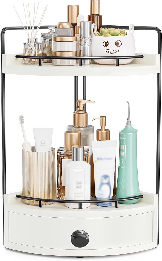 2-Tier Corner Bathroom Counter Organizer with Drawer & Embedded Screw Holes - Wooden Countertop Organizers for Skincare, Makeup Storage, Bathroom Sink Counter Shelf for Vanity, White