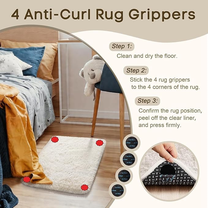 Ophanie Small Rug Washable Non Slip Throw Bedside Area Rugs, Fluffy Soft Mini Bedroom Carpet, 1.5x2.5 and 1.5x4 Rug Set, 2 Piece Ivory