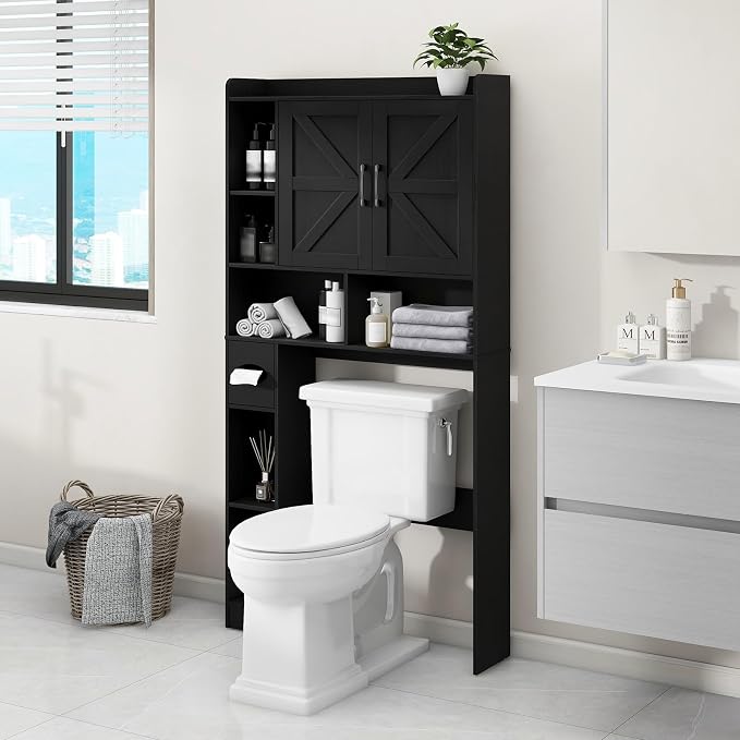 Vabches Over The Toilet Storage Cabinet, Farmhouse Storage Cabinet Over Toilet with 2 Barn Door & Toilet Paper Holder Stand, Home Space-Saving Toilet Rack, for Bathroom, Restroom (Black)