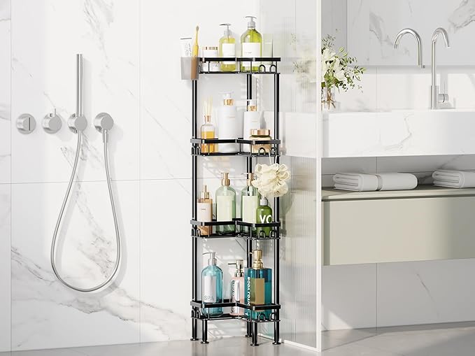 HapiRm Standing Shower Caddy Corner - 4 Tier Corner Shower Organizer with Toothbrush Holder and 16 Hooks, Large Capacity Rustproof Bathroom Shelves for Tall Bottles, Black