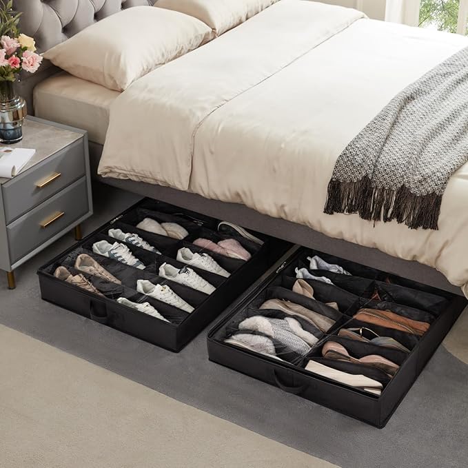 Lifewit Under Bed Shoe Storage Organizer 4 Pack(16 Shoes Cells), 4.3 Inches Profile Fabric Shoes Container Box with Clear Cover, Foldable Storage Bag with 2 Handles, Fits 32 to 64 Pairs
