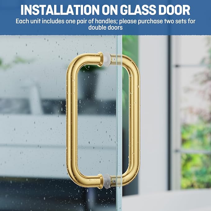 Ranbo Polished Gold 8" （CTC） Tubular Back-to-Back Shower Door Handle，Heavy-Duty 1.0mm Thick 304 Stainless Steel, for 1/4"- 1/2" Thick Glass and 1-3/8" - 2-1/6" Thick Wooden or Metal Doors