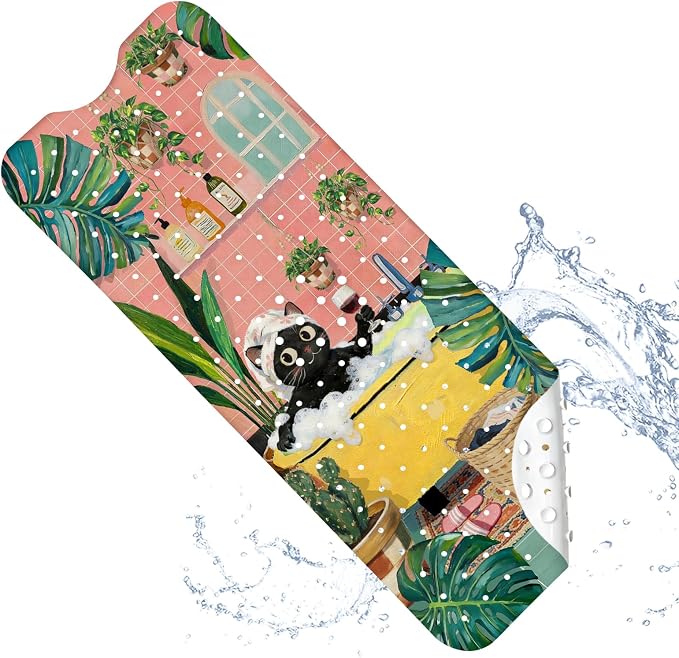 Cute Cat Bath Mat for Tub Non Slip, 40"x16" Aesthetic Bathtub Mat Women, Machine Washable Cats Tub Mats with Suction Cups and Drain Holes for Girls Kids, Cats Shower Mat for Cat Lovers Bathroom Decor