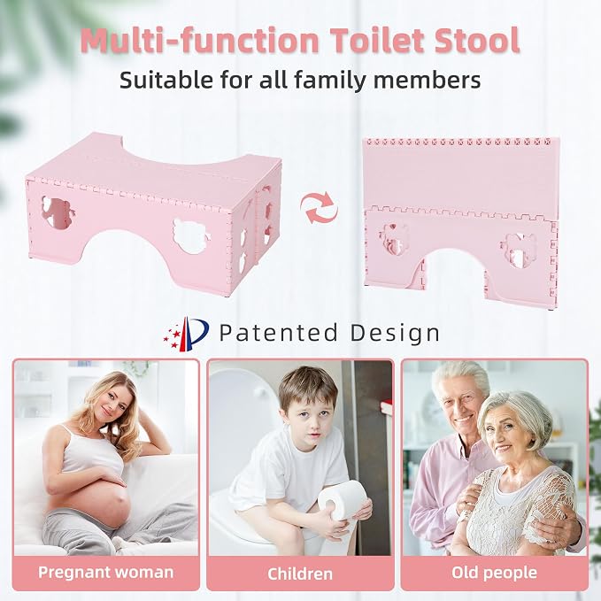 7inches Foldable Toilet Stool (Pink), Ergonomic Squatting Aid with Non-Slip Feet for Improved Bowel Movement, A Good Helper to Effective Relief of Constipation, Easy to Storage Toilet Squat Stool