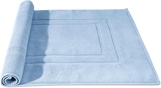 Feather & Stitch 2 Piece Towel Like Bath Mats (30x21 Inch) 100% Cotton Terry Bath Mats, Bathroom Shower Floor Mats [NOT A Bathroom Rug], Soft Absorbent Washable Mats - Sky Blue