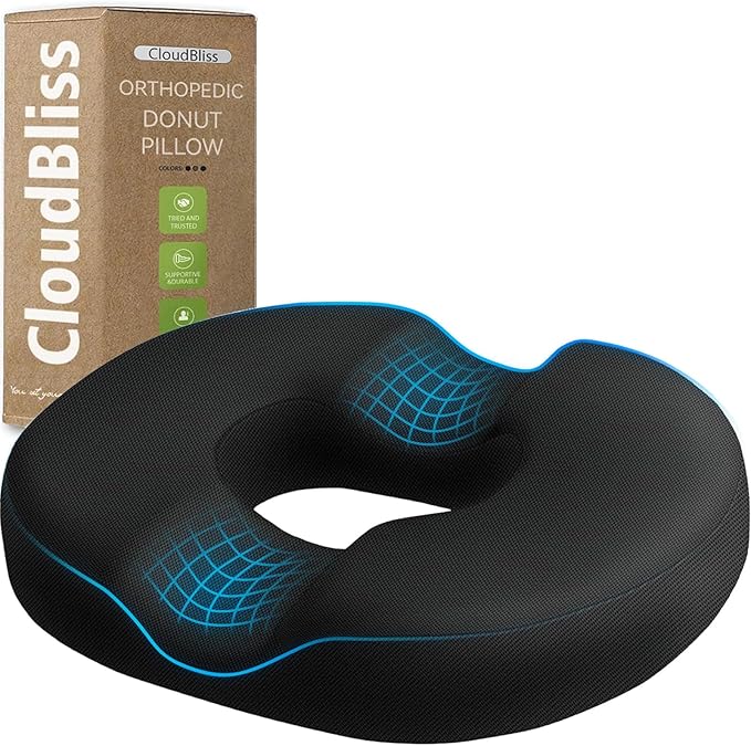 CloudBliss Donut Pillow Stadium Seat Cushion for Tailbone Pain Relief and Hemorrhoids, Memory Foam Seat Chair Cushion, Portable Seat Cushions for Bleachers, Car, Home & Office