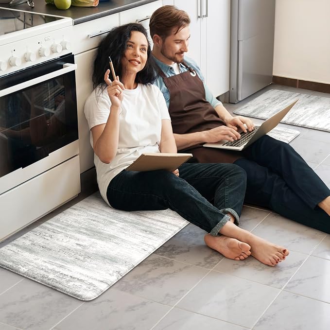 KIMODE Kitchen Mats Cushioned Anti Fatigue, Abstract Grey Farmhouse Kitchen Rugs Sets of 2, Non Slip Kitchen Mats for Floor, Padded Kitchen Floor Mat for Sink Laundry Desk 17"x59"+17"x29"