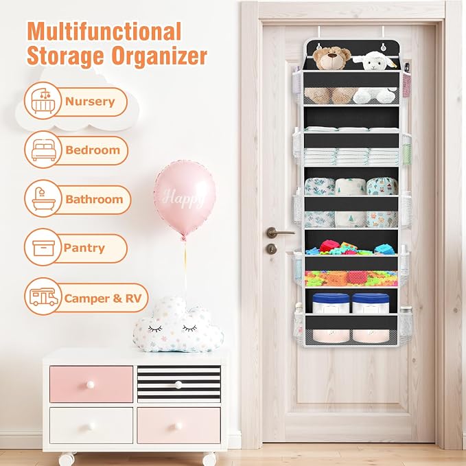 WISELIFE Over the Door Organizer - 5 Shelves Large Capacity Hanging Bedroom Storage Solution with Side Pockets for Dorm Bathroom Pantry Nursery and Baby Essentials Holds up to 40 Lbs Black