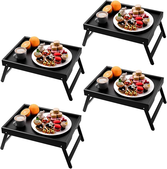 Fibogollo 4 Pack Bamboo Bed Tray Table with Folding Legs,Breakfast Trays,Serving Tray,Laptop Trays for Working,Food Snack Tray for Bed and Sofa(Black)