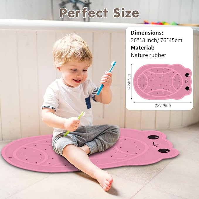 Bathtub Mat Non Slip, Shower Mat for Kids with Natural Rubber no Plastic Smells, Baby Bath Mat for Tub Non Slip with Strong Suction Cups, 30"x18", PVC-Free, Safe Comfortable Fun for Kids, Pink
