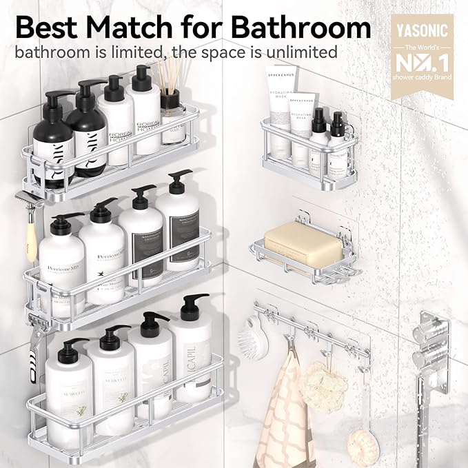 YASONIC Shower Caddy Adhesive, Rustproof Shower Organizer with Soap Holder, Large Capacity Shower Shelves for Inside Shower, No Drilling Bathroom Organizers and Storage for Home Decor（6 Pack Silver）