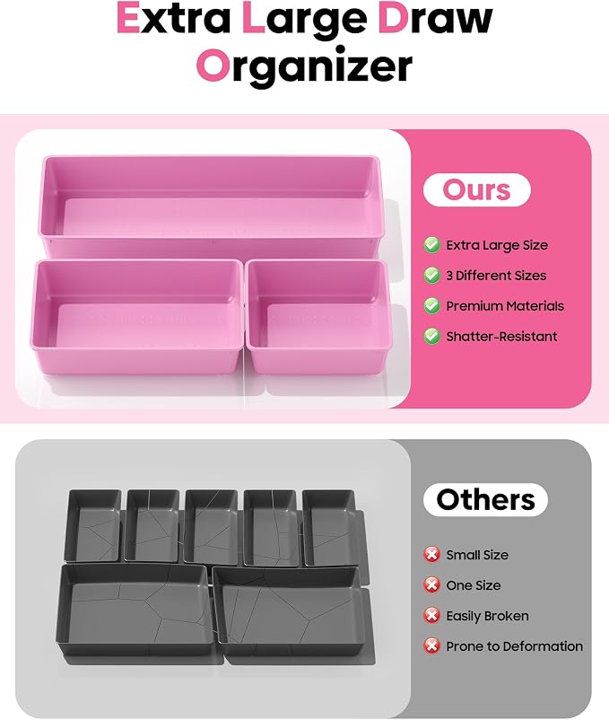 10 Pack Large Size Plastic Drawer Organizers Set, 3 Sizes Desk Drawer Organizer Trays, Storage Bins for Vanity, Makeup, Bathroom, Kitchen Utensils and Office (Pink)