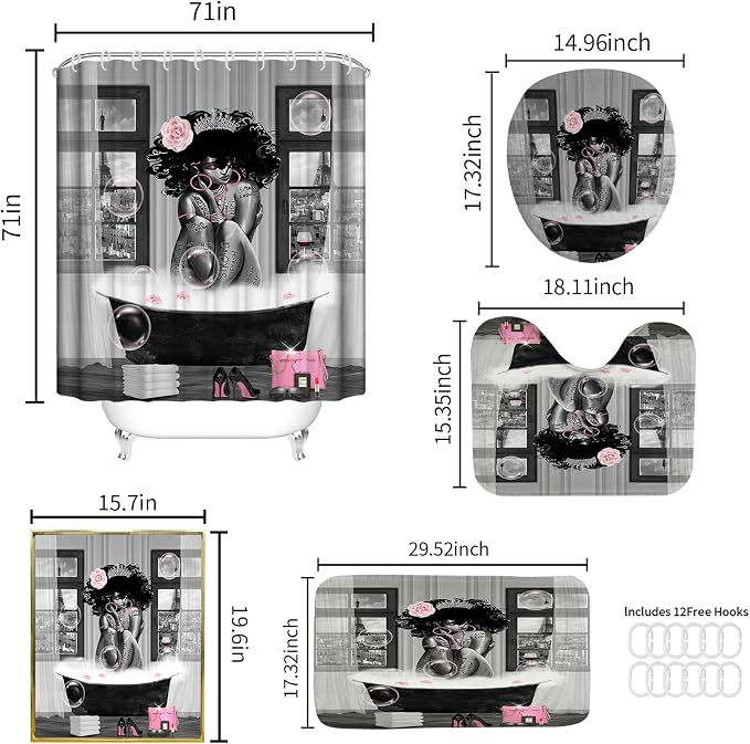 5Pcs Black Girl Shower Curtain Set with Decorative Painting, African American Wall Painting Bathroom Sets with Shower Curtain and Rugs, Trendy Women’s Bathroom Pictures for Wall Art Decor