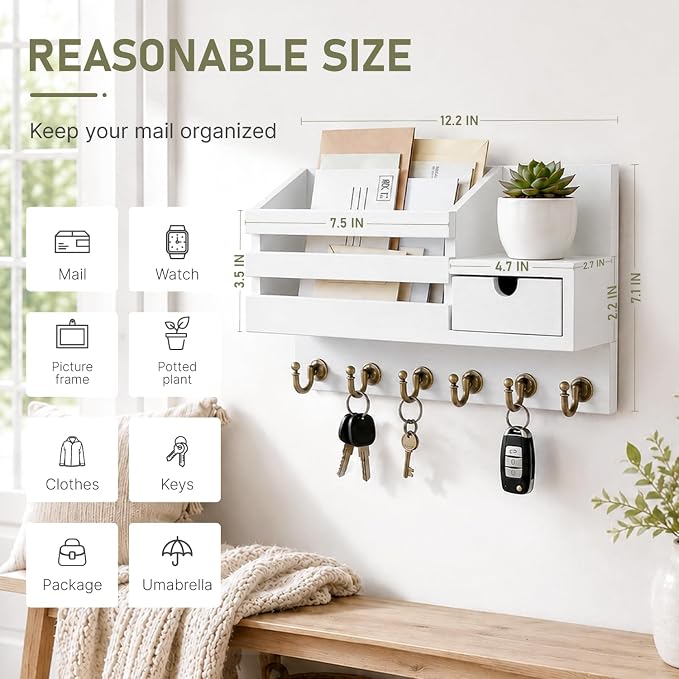 FifthQuarter Key Holder Wall Mount: Key and Mail Holder for Wall with 6 Hooks and Storage Drawer, Easy Installation Key Rack for Entryway Home Decor (A-White)