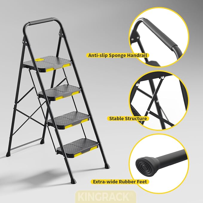 KINGRACK 4 Step Ladder, Sturdy Steel Step Stool with Safe-Lock Design, Handrail, Anti-Slip Wide Pedals, Pass 800lbs Load Testing, Folding Portable Ladder for Multi-Purpose, Home, Kitchen, Black