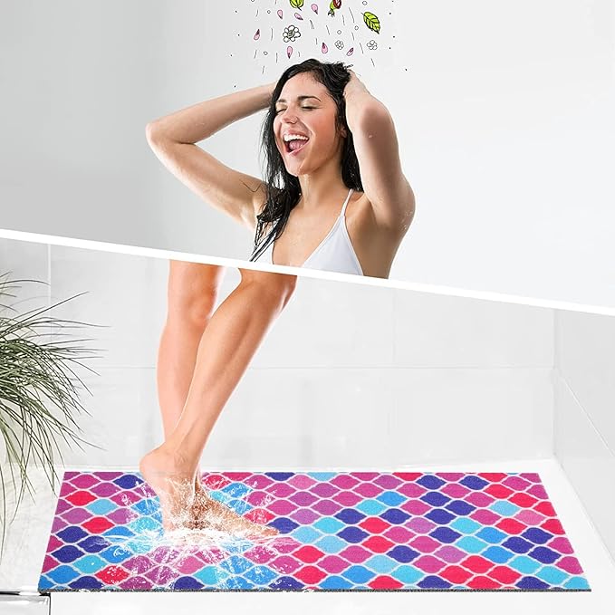 godehone Shower Mats Non Slip Without Suction Cups, PVC Loofah Bathroom Mats, Loofah Mats for Shower and Bathroom, Quick Drying, 15.7× 36 Inch, Colorful Geometric
