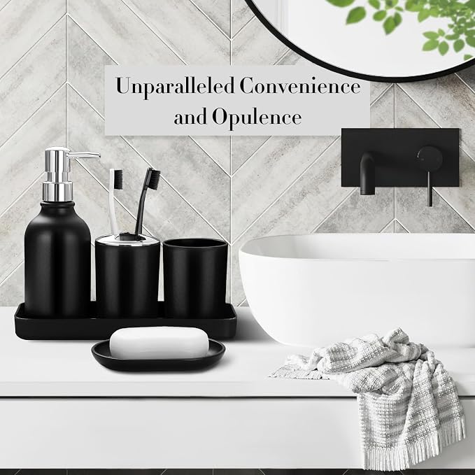 Black Bathroom Accessories Set, 10Pcs Bathroom Accessory Set with Trash Can, Soap Dispenser and Toothbrush Holder, Soap Dish, Cotton Ball & Qtip Holder, Toilet Brush Holder, Tissue Box Cover