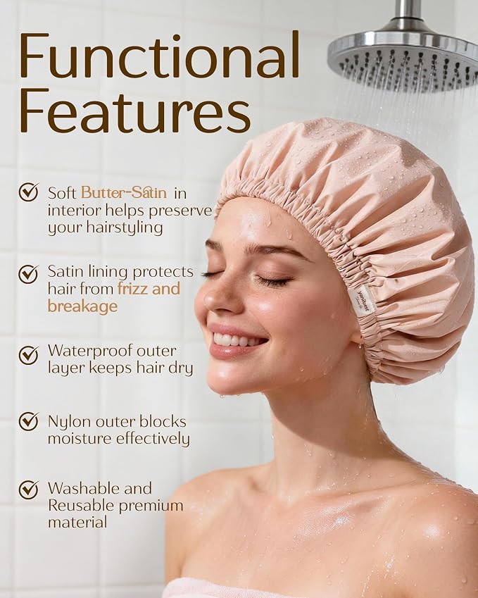 Yanibest Satin Lined Shower Cap for Women Reusable Waterproof, Frizz Free & Large Bath Cap with Soft Elastic Band, Luxury Hair Protection Caps (Peachy Pink)