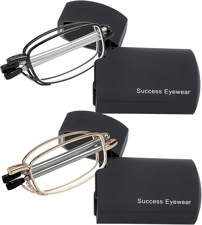 Success Eyewear Reading Glasses 2 Pair Black and Gunmetal Readers Compact Folding Unisex Glasses for Reading Case Included