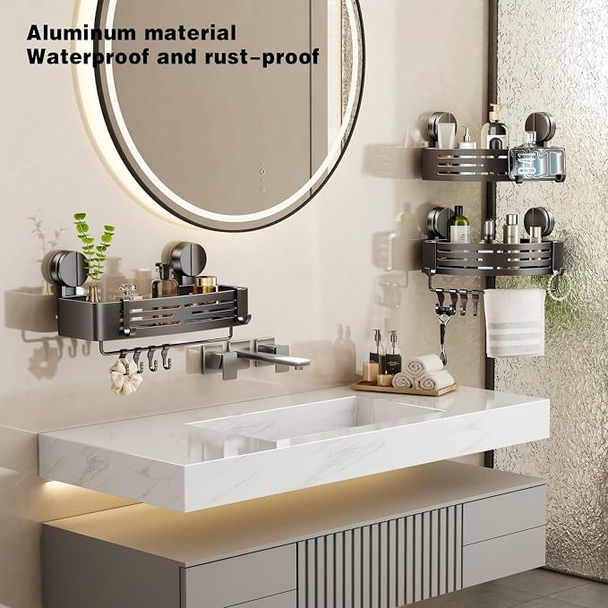 VOLPONE Shower Caddy Suction Shower Shelf No Drilling Shower Organizer Suction Cup Shower Storage Rack Aluminum Wall Mounted Shampoo Holder with Towel Bar Hooks (2-Pack, Matte Gray)