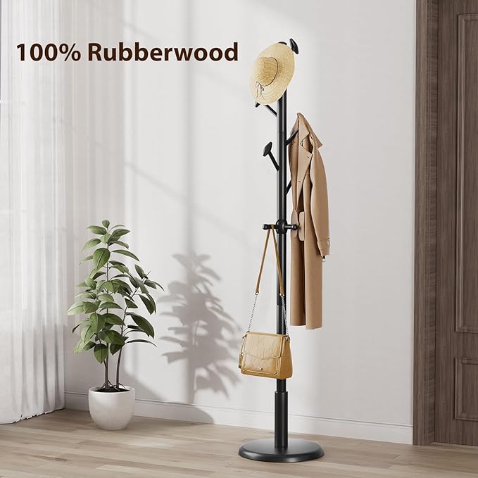 Taitiy Solid Wood Coat Rack Freestanding Coat Tree with 10 Hooks for Bedroom, Livingroom, Entryway, Sturdy Coat Hanger Stand for Hats, Coats, Scarves, Handbags, Purses