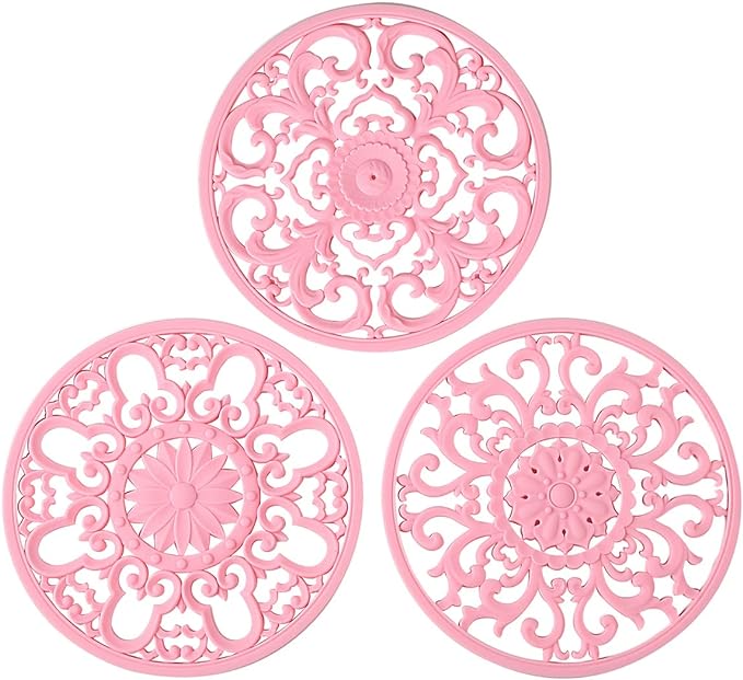 Extra Thick Silicone Trivet Mat for Hot Dishes, Hot Pots and Pans, Pot Holder, Hot Pad to Protect Your Table and Countertop, Kitchen Decor and Accessories,Pink,Set of 3