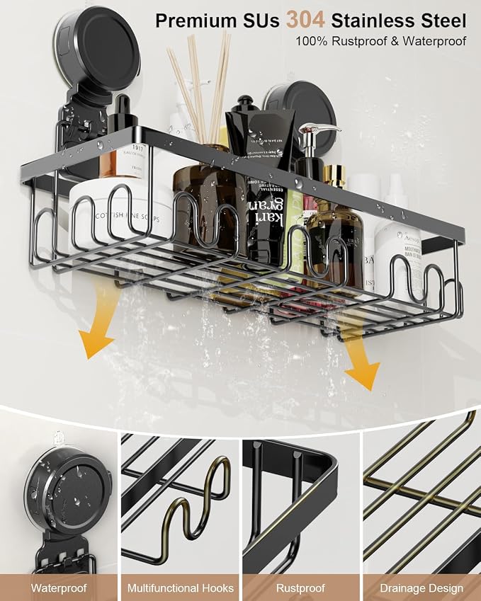 JOTPE Shower Caddy Suction Cup 5 Pack, No Drilling & Removable Suction Cup Shower Shelf for Bathroom with Large Capacity, Powerful Shower Organizer Max Hold 40 lbs, Waterproof Bathroom Shelf, Black