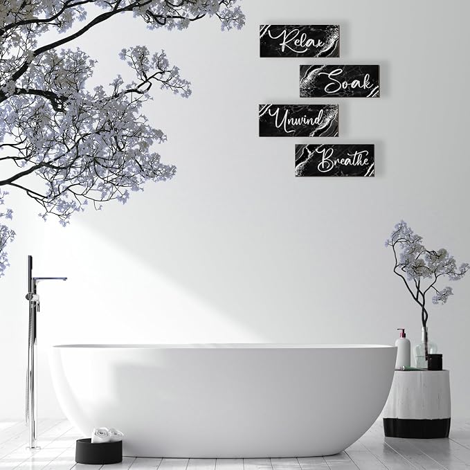 ONIZHITY 4 Pcs Black And Silver Bathroom Decor Wall Signs Relax Soak Unwind Breathe Wooden Rustic Marble Style Bathroom Accessories for Bedroom Living Room Kitchen Decoration(Black Silver 10X4")