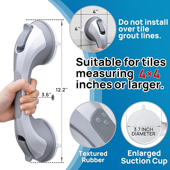 LEVERLOC Grab Bars for Bathtubs and Showers 2 Pack Suction Grab Bar, Heavy Duty 12 Inch Shower Handle Removable Handrails for Seniors and Elderly, Bathroom Safety Grip No Drilling Waterproof Silver