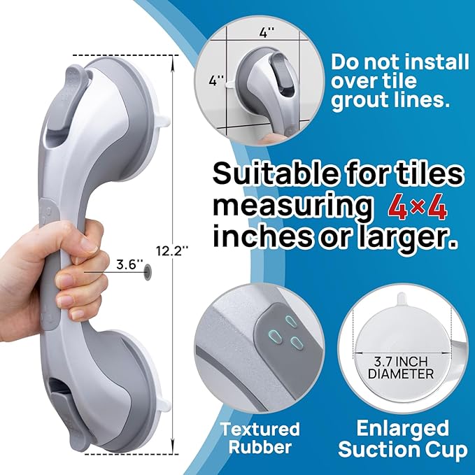 LEVERLOC Shower Grab Bar, 12 Inch Suction Grab Bars for Bathtubs, Shower Handle Handrail for Seniors Bathroom Safety Grip for Elderly, Heavy Duty No Drilling Removable,Silver