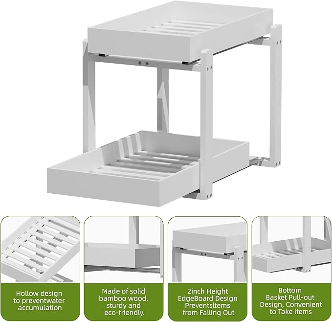 APRTAT 2 Pack Under Sink Organizer, Bamboo Wooden 2-Tier Pull-Out Storage with Sliding Drawers for Kitchen and Bathroom Cabinets, Easy Installation (White, 1 pack)