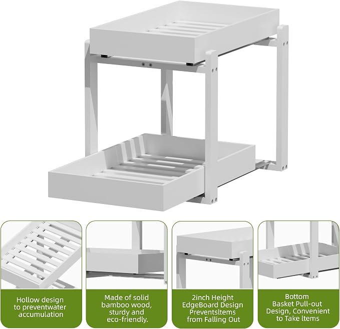 APRTAT 2 Pack Under Sink Organizer, Bamboo Wooden 2-Tier Pull-Out Storage with Sliding Drawers for Kitchen and Bathroom Cabinets, Easy Installation (White, 2 Packs)