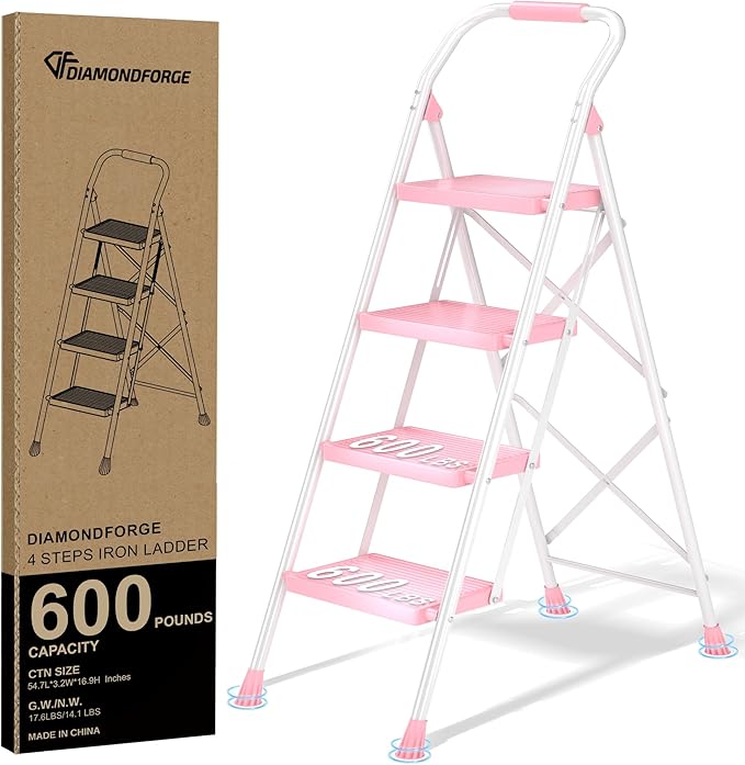 Step Ladder Foldable Folding Stool - for Home Adults Kitchen 4 Stepping Extension Tall Heavy Duty with Handrails - Closet Stepstool Stair Ladders Extendable Stepladder for Indoor House 600Lbs