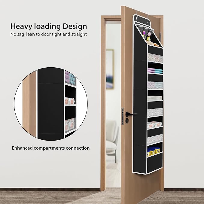 Univivi 6-Shelf Over Door Hanging Organizer Fabric Baby Door Storage with 5 Large Pockets and 3 Small PVC Pockets Wall Mount Hanging Storage Organizers for Baby Essential (Black)