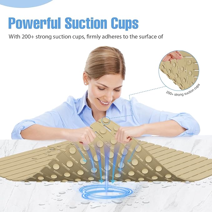 Shower Mat Non-Slip Bath Mat for Tub and Shower Stall,236 Suction Cups with Drain Holes, Quick Dry Machine Washable, Extra Grip for Stand Up Showers, Bathroom Essentials 24x24 Inch (Brown)
